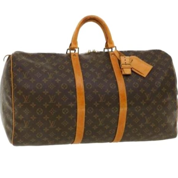 Vintage Louis Vuitton Keepall 55 Monogram Logo Duffel Bag Brown Gold Brass
